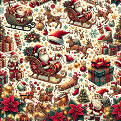 An endless pattern suitable for wallpaper, adorned with Christmas-themed illustrations including sleighs, Santa hats, poinsettias, and twinkling light