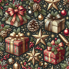 In a style reminiscent of the previous designs, a seamless wallpaper pattern decorated with Christmas elements such as twinkling stars, wrapped present