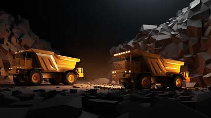 3d minimalist mining site with Coal Dump mining Trucks and copy space