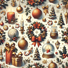 Continuing with the festive style, a continuous wallpaper design adorned with Christmas symbols like wreaths, candles, snow globes, and golden bells