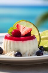 Coconut Lime Panna Cotta with Berry Compote , Close-Up Shot, Light White Beach Caribbean Background