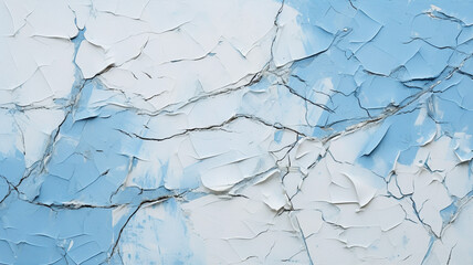 broken white cracked paint on blue wall.