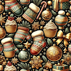 In a similar festive manner, an endless wallpaper pattern featuring Christmas-themed elements including mittens, winter scarves, festive cupcakes,
