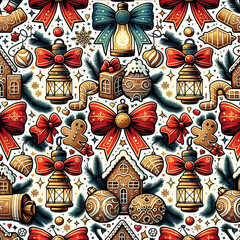 Drawing inspiration from the previous patterns, a repetitive wallpaper design showcasing Christmas motifs like lanterns, festive bows, gingerbread