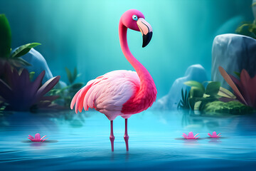 funny pink flamingo character on natural background, generative ai