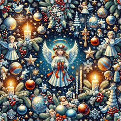 In a style reminiscent of the third image, a wallpaper design adorned with Christmas symbols like angelic figurines, tinsel, festive candles