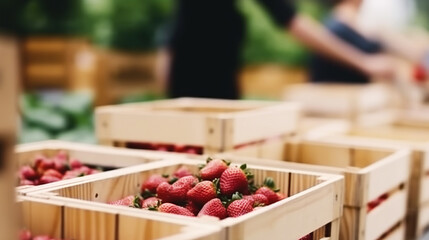 : ripe strawberries arranged on thin wooden box, showcased at a vibrant street food market,...