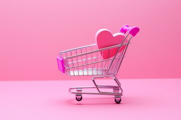 Pink shopping cart on pink background. Minimalistic concept for Black Friday sales, online shopping, free delivery, Cyber Monday, discounts, St. Valentine's, International Women's Day. Generative AI