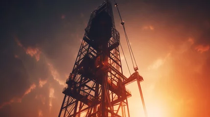 Fotobehang Petroleum concept. Oil pump rig. Oil and gas production. Oilfield site. Pump Jack are running. Drilling derricks for fossil fuels output and crude oil production. Global crisis. War on oil prices. © alexkich
