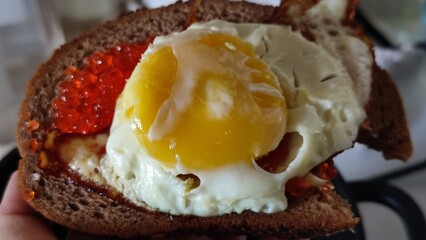 sandwich with black bread, butter and red caviar, food snack, breakfast, sandwich black bread, butter and red caviar, 
