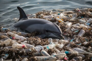 A saddening view of a dolphin navigating through a sea of plastic waste, symbolizing the dire consequences of ocean pollution. Generative AI