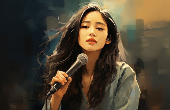illustration of young Korean woman singing a song holding microphone , Generative Ai