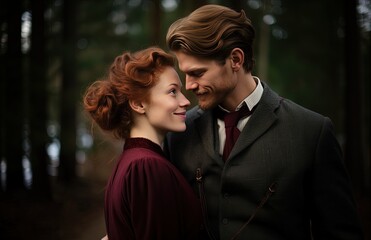 Fototapeta premium portrait of couple lover in secret forest, Generative Ai