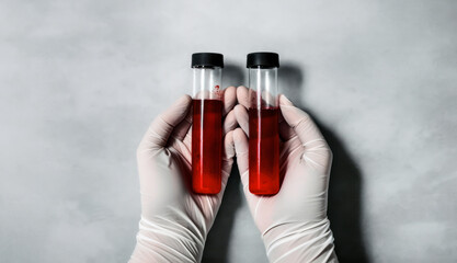 Hands of a forensic examiner with blood samples collected at a crime scene. Generative Ai. Two blood test tubes with in the hands for analysis, gray background. Copy space.  - obrazy, fototapety, plakaty