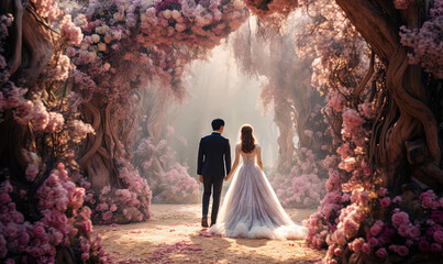 couple lover bride and groom walking under flower arch in magical secret garden, Generative Ai - Powered by Adobe