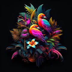 Birds, neon birds, electric colors, flowers, colorful glow, tropical neon birds, generative ai