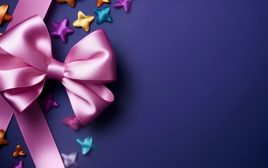 A beautiful colorful pink bow with confetti stars, a decoration for a gift or a Christmas card.