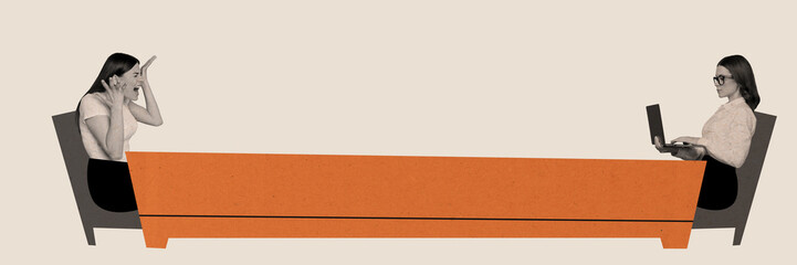 Image sketch collage of two people sitting speaking discussing problems isolated on drawing...