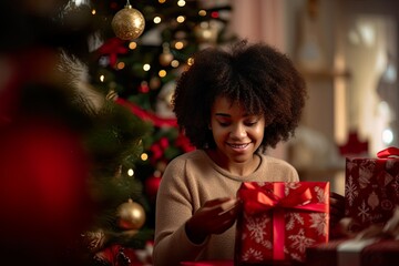 Fototapeta na wymiar Happy and surprised woman opening christmas gift at home with background of christmas tree