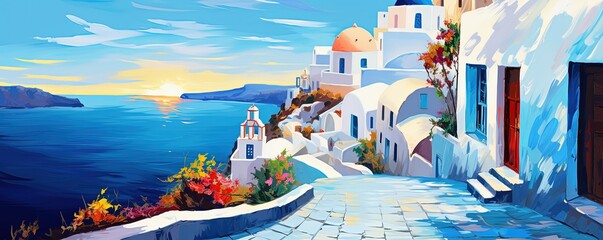 Naklejka premium painting style illustration, beautiful passage way along the clifftop village town, Generative Ai