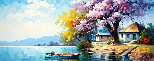 Zelfklevend Fotobehang painting style illustration, small house at lakeside with flower blossom tree, Generative Ai © QuietWord