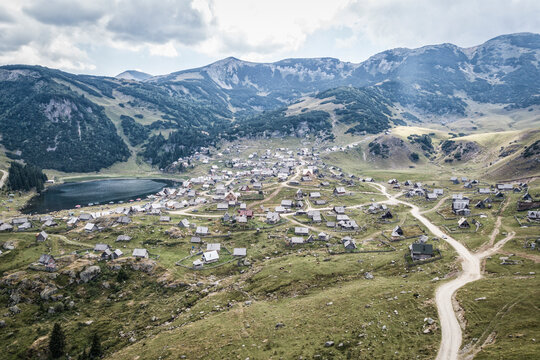 Aerial view of the village and lake Prokosko in Bosnia and Herzegovina.