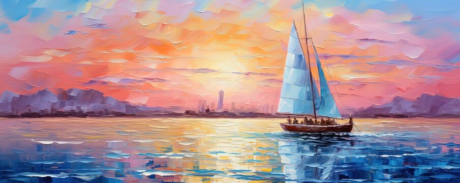painting style illustration, sailing boat in calm ocean at sunset time, Generative Ai