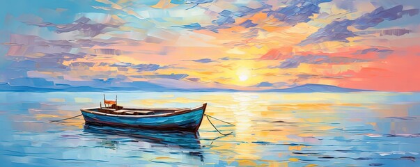 painting style illustration, a wooden boat in calm sea at sunset time, Generative Ai