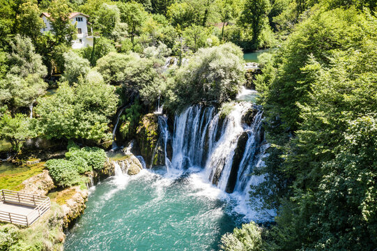 Aerial view of Una national park with Great Una waterfall in Bosnia and Herzegovina.