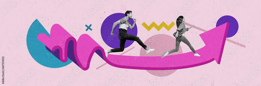 Poster collage 3d sketch image of excited funky couple running fast achieving success isolated pink color b