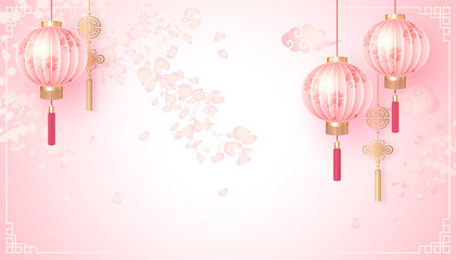Chinese traditional pink flower pattern lantern with gold decoration - 667554319