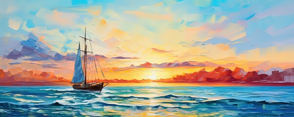 painting style illustration, sailing boat in calm ocean at sunset time, Generative Ai