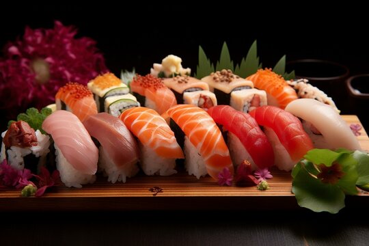 A tempting image of mouth-watering sushi delights. Generative AI