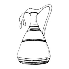 Vector vintage ceramic jug of olive oil with drops, Hanukkah symbol of miracle black and white Illustration