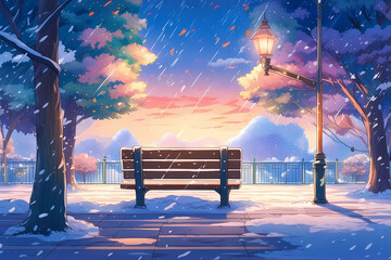 A bench in a park during winter. - obrazy, fototapety, plakaty