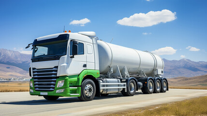Logistic hydrogen tank on semi trailer truck out for deliver. Truck transporting gas or green hydrogen. 
