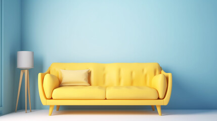 Yellow sofa on a blue wall background - obrazy, fototapety, plakaty