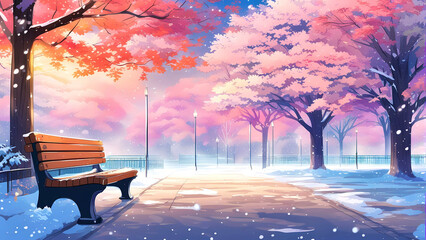 A bench in the park surrounded by trees during winter. - obrazy, fototapety, plakaty
