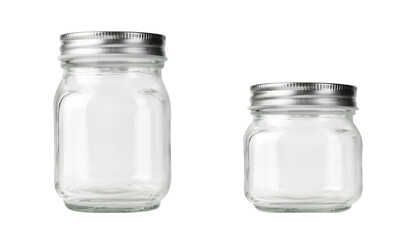 Empty set of two glass jars with silver lid isolated on white. - obrazy, fototapety, plakaty