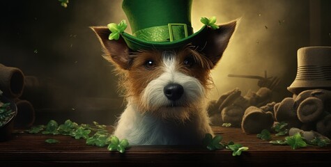 a dog portrait with a hat for St. Patrick's Day, in the style of fantasy illustration. Generative AI - obrazy, fototapety, plakaty