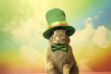 Adorable rabbit donning a green cap for St. Patrick's celebration. Generative AI. - obrazy, fototapety, plakaty