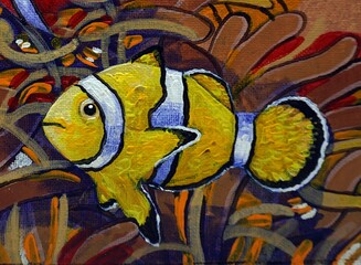 Original Art painting oil color Clown fish , nemo fish , Anemonefish