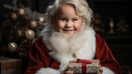 Fototapeta na wymiar Christmas party: Festive portrait of Santa Claus child with beard and Christmas decorations