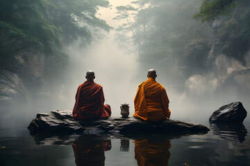 The 2 monks, Buddhist,  on pilgrimage in the forest - obrazy, fototapety, plakaty