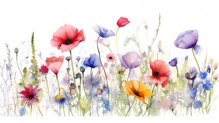 colorful meadow flowers watercolor painting on white background. delightful floral decoration