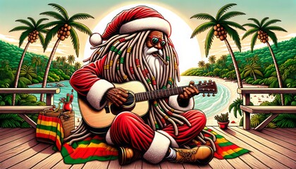 Illustration with black Santa Claus with dreadlocks sitting on the beach and playing guitar. Concept art of Rasta Christmas, postcard for weed lovers, Jamaican style New Year celebration