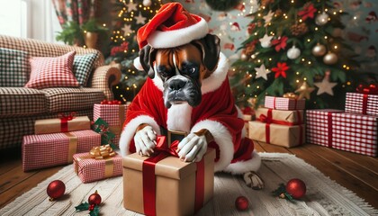 Dog wearing Santa Claus costume opening a gift. Cute pet Christmas concept  