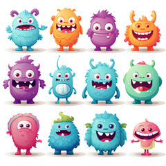 cute monsters in catalog style, 2d vector, digital art, on a transparent background