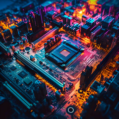 Fototapeta premium Electronic circuit board close-up with microchips and electronic components