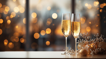 champagne glasses on table with bokeh background - Powered by Adobe
